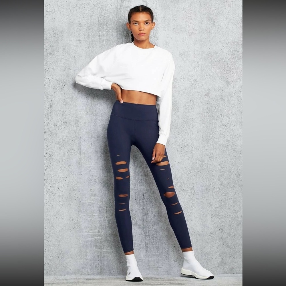 Alo Yoga High-Waist Ripped Warrior Leggings – Rich Navy – Size Small Slash Holes - Picture 4 of 10
